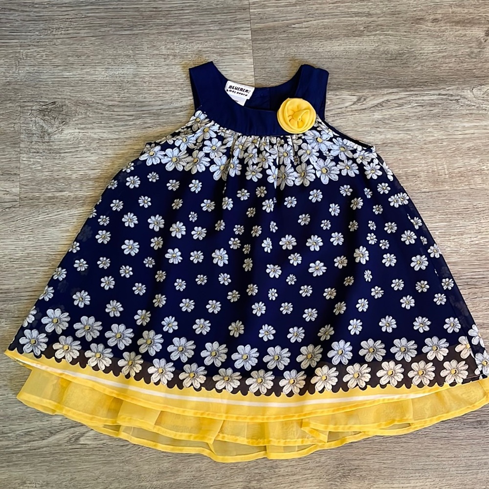 Navy blue and yellow daisy little girls dress